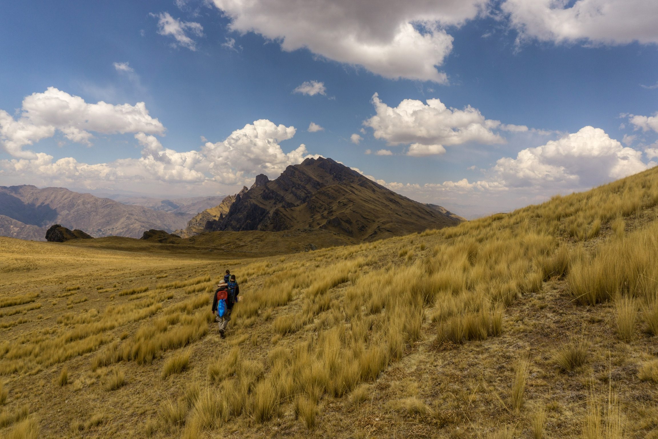 Two walkers following the crest of a golden ridge with mountains behind